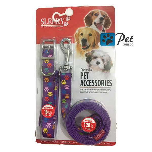 Sleeky Printed Nylon Dog Collar with Leash - Purple Sleeky Printed Nylon Dog Collar with Leash - Purple (16") - Image 1